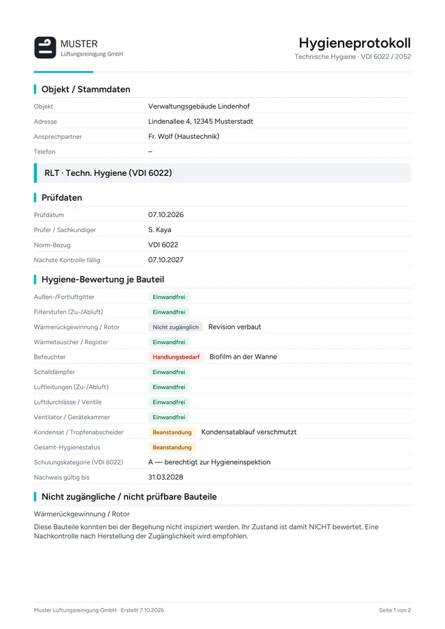 PDF-Seite: Hygieneprotokoll – Bewertung je Bauteil