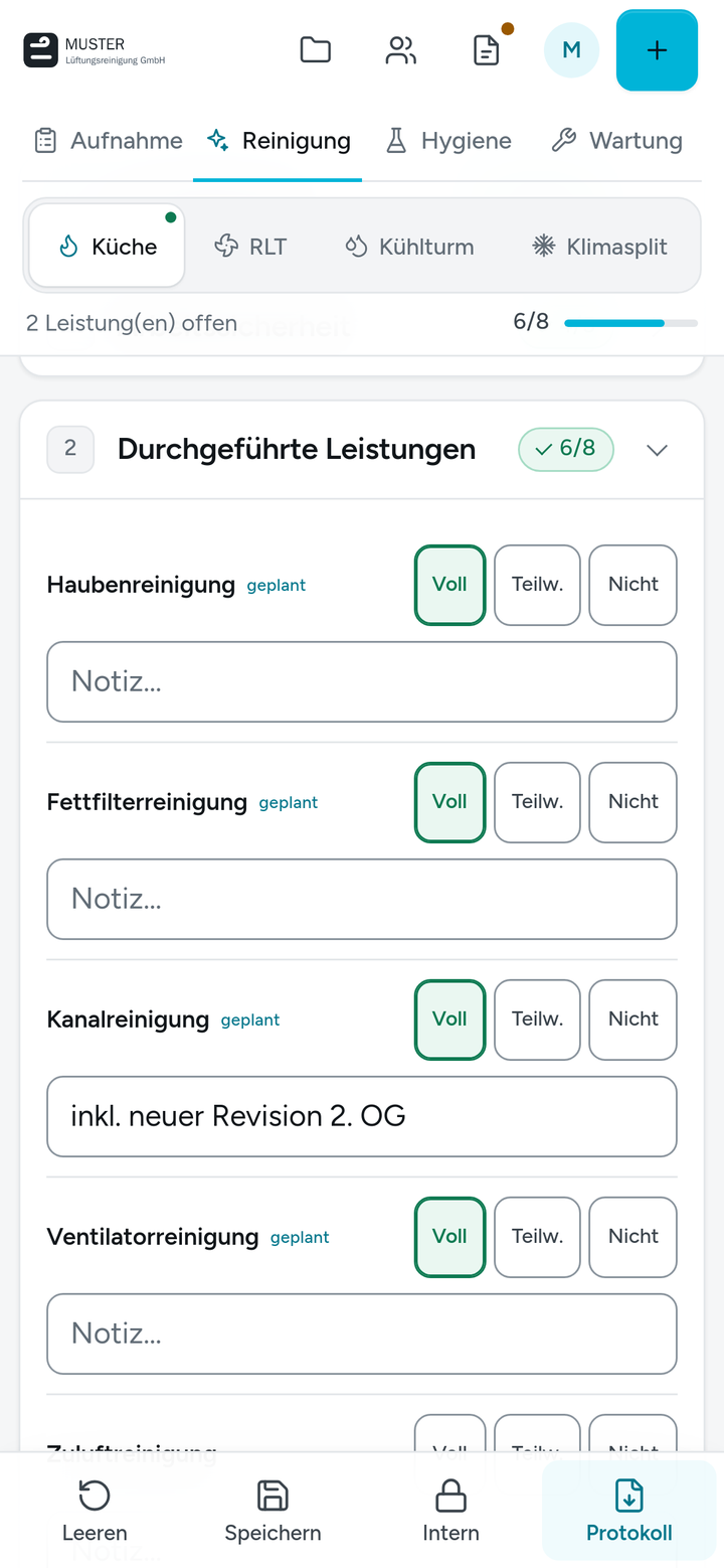 Reinigung am Handy: Leistungen mit vollständig, teilweise oder nicht
